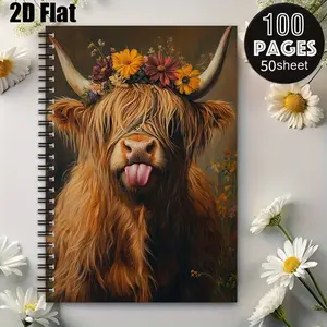 1 Spiral Notebook 5.7x8.26 inch, Highland Cow Design, Flower Crown Cow Pattern, Perfect for Daily Journal, Travel Notes, Camping Log, Birthday Gift, Christmas Present, Stationery for Cow Lovers, Students, Office Workers, Durable Spiral Binding, H