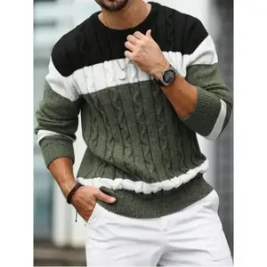 Men's Autumn Winter Casual Knit Pullover Sweater, Colorblock Hemp Texture Design, Fashionable Layering Choice for Leisure OccasionsGift