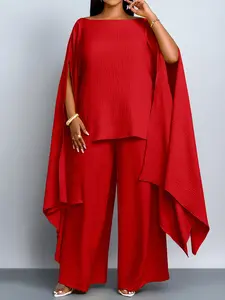 Plus Size Elegant Casual Women's Two-Piece Set, Womenswear Spring Summer Plus Size Plain Color Pants, Oversized Round Neck Top and Wide Leg Long Pants
