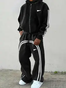 Men's Tracksuit Set, Athleisure Sweatsuit, Casual Regular Fit Long Sleeve Zip Up Hooded Jacket & Side Stripe Sweatpants Set, Streetwear Two-Piece Outfits for Daily Wear