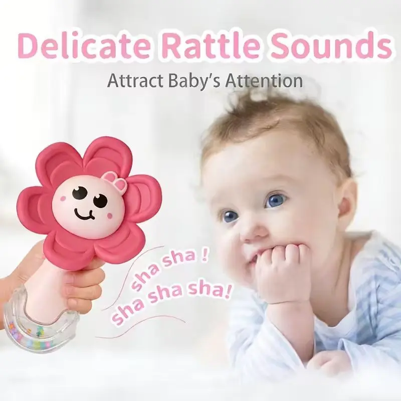 Baby Newborn Infant Flower Rattle Teething Toy, Cute Sensory Teether, Soft Silicone Grasp Toy with Bell Sound, Montessori Early Education, Hand-Eye Coordination, 0-6 Months