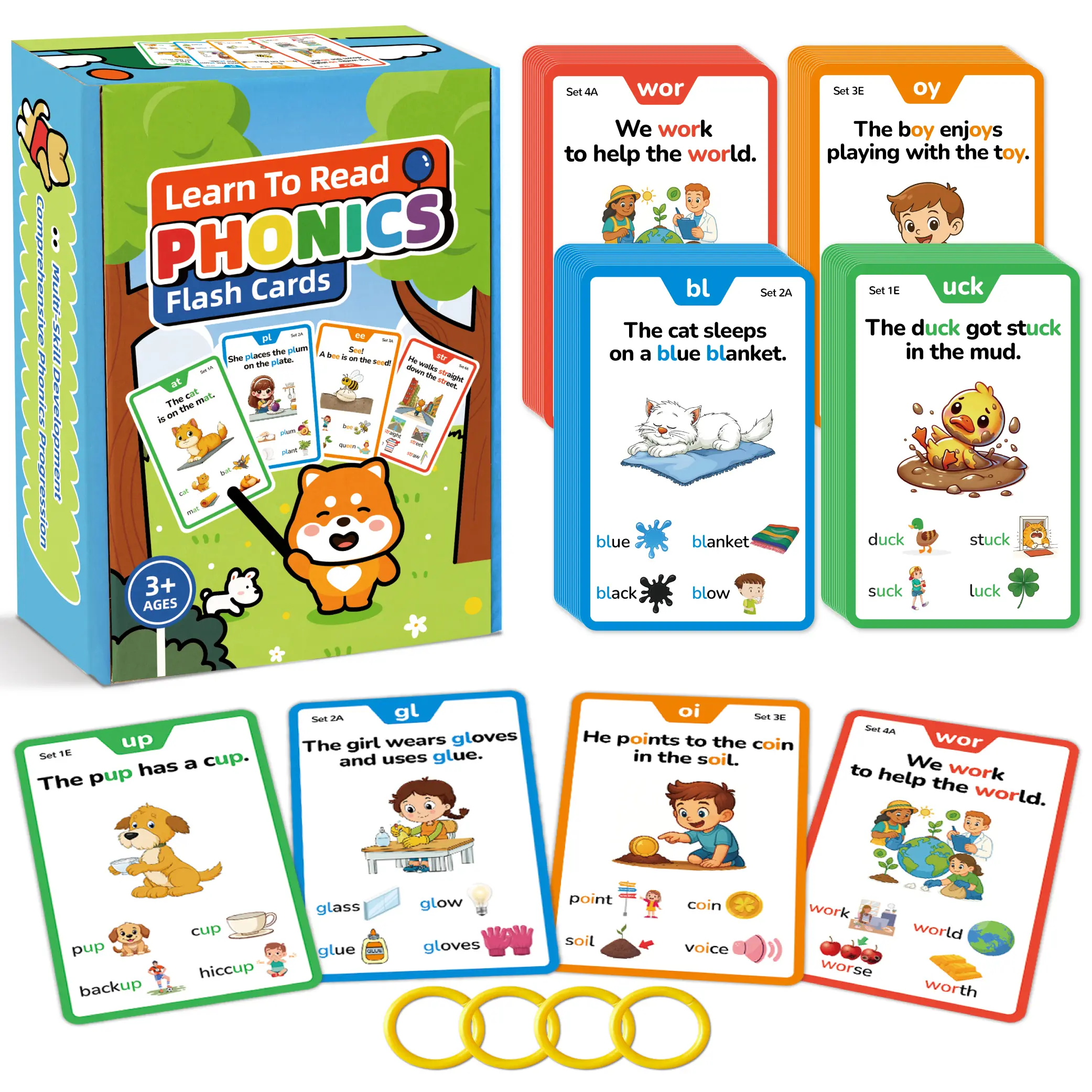 Phonics Flash Cards Learn to Read in 20 Stages for Kids Ages 3-8 Homeschool Educational Learning Activities, Include CVC Words, Digraphs, Blends and Long Vowel Sounds
