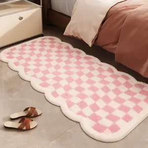 1pc Pink Creative Checkerboard Bedside Plush Fluffy Modern Rug Ins Purple Living Room Bay Window Carpet Irregular Shape Fluffy Soft Bedroom Decoration Carpet Home Bathroom Washable Non-slip Wavy Edge Floor Mat Checkered Area Rug