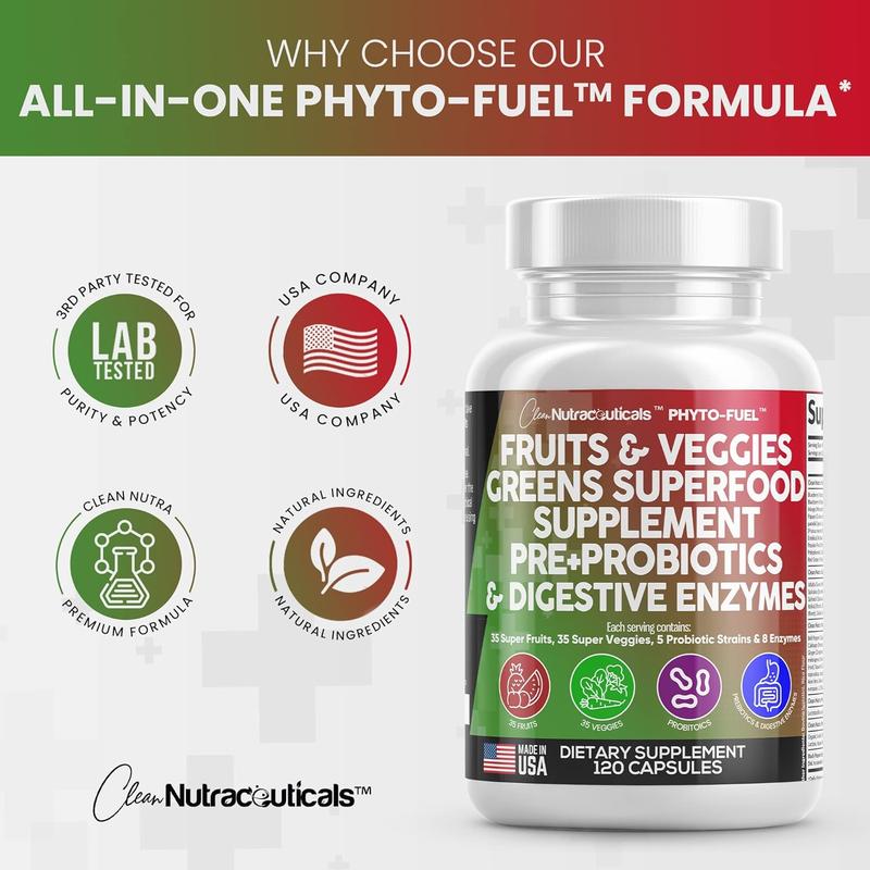 Clean Nutraceuticals Fruits & Veggies, Greens Superfood Supplement, Prebiotics, Probiotics & Digestive Enzymes for Gut Health Support Capsules – Phyto-Fuel