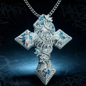 M2-5153  Iced‑Out Floral Cross Pendant, Marquise‑Cut Blue Gem Accent Fully‑Paved Cubic Zirconia Charm, Luxury Hip‑Hop Statement Jewelry