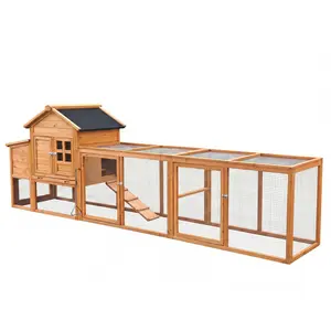 [Fahuac] Wood Chicken Coop with Run, Nest Box & Enclosure Fence Cages & Accessories, 122" L x 26" W x 41.3" H Outdoor Poultry House, All Seasons Raised Area with Removable Tray, Ramp, Double Door, Sliding Door Lock, Asphalt Roof, Easy Cleanup