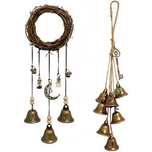 Witch Bells for Door Knob for Protection, 2 Pack Handmade Witch Bells 13.5 & 12.2 Inch with Brass Bells and Spell Jars, Vintage Boho Witchy Decor Witchcraft Supplies Wiccan Gifts for Home Wall Door