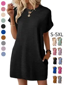 Women's Casual Loose Mini Dress 2026 | Crewneck Batwing Short Sleeve, Lightweight Stretchy Comfortable Basic Summer Dress for Beach & Everyday Wear Womenswear