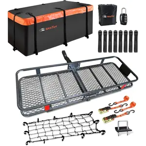 Hitch Mount Cargo Carrier Basket 60"*20"*6"+Waterproof Bag 16 Cubic Feet(58"*19"*24"),and Cargo Net with Attachment Hooks,Ratchet Straps,Hitch Stabilizer.500 Lbs Capacity,foldable,fit 2" Receiver