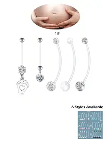 5pcs 14G Pregnancy Belly Button Ring Mix Style Flexible Clear Acrylic Pregnancy Navel Piercing Retainer Maternity Bioplast Long Belly Dangle Button Ring Retainer For Woman 25-38mm Belly Hoops