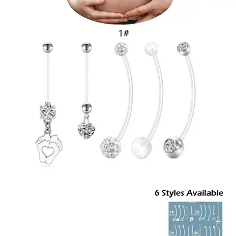 5-Piece 14G Pregnancy Belly Button Ring Set, Flexible Clear Bioplast Navel Piercing Retainers with Long Barbell and Dangle Designs for Women, 25–38 mm Maternity Body Jewelry
