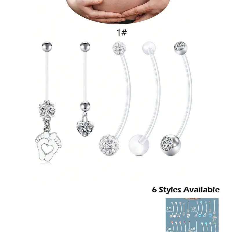 5-Piece 14G Pregnancy Belly Button Ring Set, Flexible Clear Bioplast Navel Piercing Retainers with Long Barbell and Dangle Designs for Women, 25–38 mm Maternity Body Jewelry