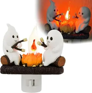 Ghost Campfire Flickering Night Light, Ghost Roasting Marshmallows Night Light Ghost Campfire Nightlight, LED Halloween Night Lights Plug into Wall, Spooky Flame S'Mores Ghost Night Light