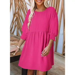 Women's black summer tunic dress casual loose short sleeve round neck flowy mini straight sundress suitable for beach and casual date