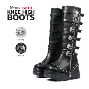 VIMISAOI Goth Boots For Women Knee High Round Toe Chunky Wedge High Heel Side Zipper Metal Buckles Chain Skull Studs Gothic Party Punk Rave Motercycle Concert Festival Boots Womens Black Combat Boots goth girl Shoes Valentine boots