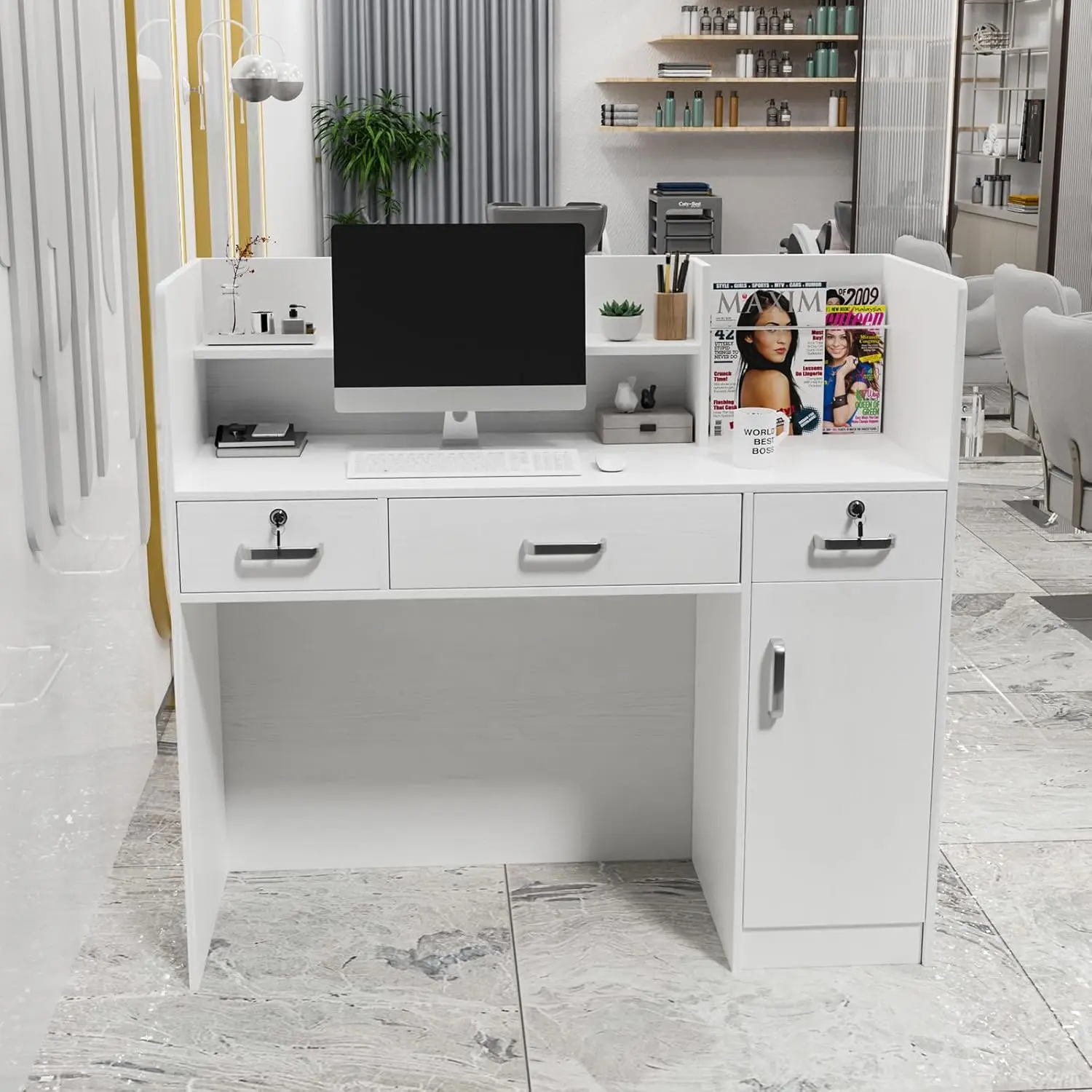 OmySalon Modern Reception Desk - Furniture-Style, Compact Cabinet, Drawers, Minimalist Desks with Lockable Drawers, Moveable Shelves, Retail Checkout Counter (47.2”W x 18.9”D x 43.7”H) for Lobby Beauty Salon Office, White, Furniture-Style Desks, Compact C