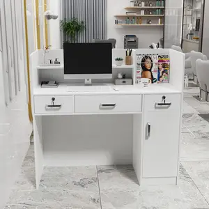 OmySalon Modern Reception Desk, Front Table Counter with Lockable Drawers and Moveable Shelves, Receptionist Desk Retail Checkout, for Lobby Beauty Salon Office, White (47.2”W x 18.9”D x 43.7”H)