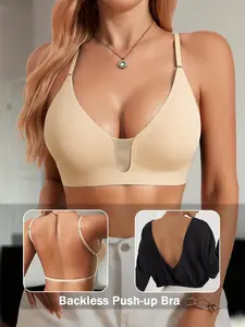 Women's Sexy Backless Strapless Mesh Casual Bra, Seamless Wireless Push-Up Bra, Detachable Pads, Adjustable Straps, Breathable Comfort