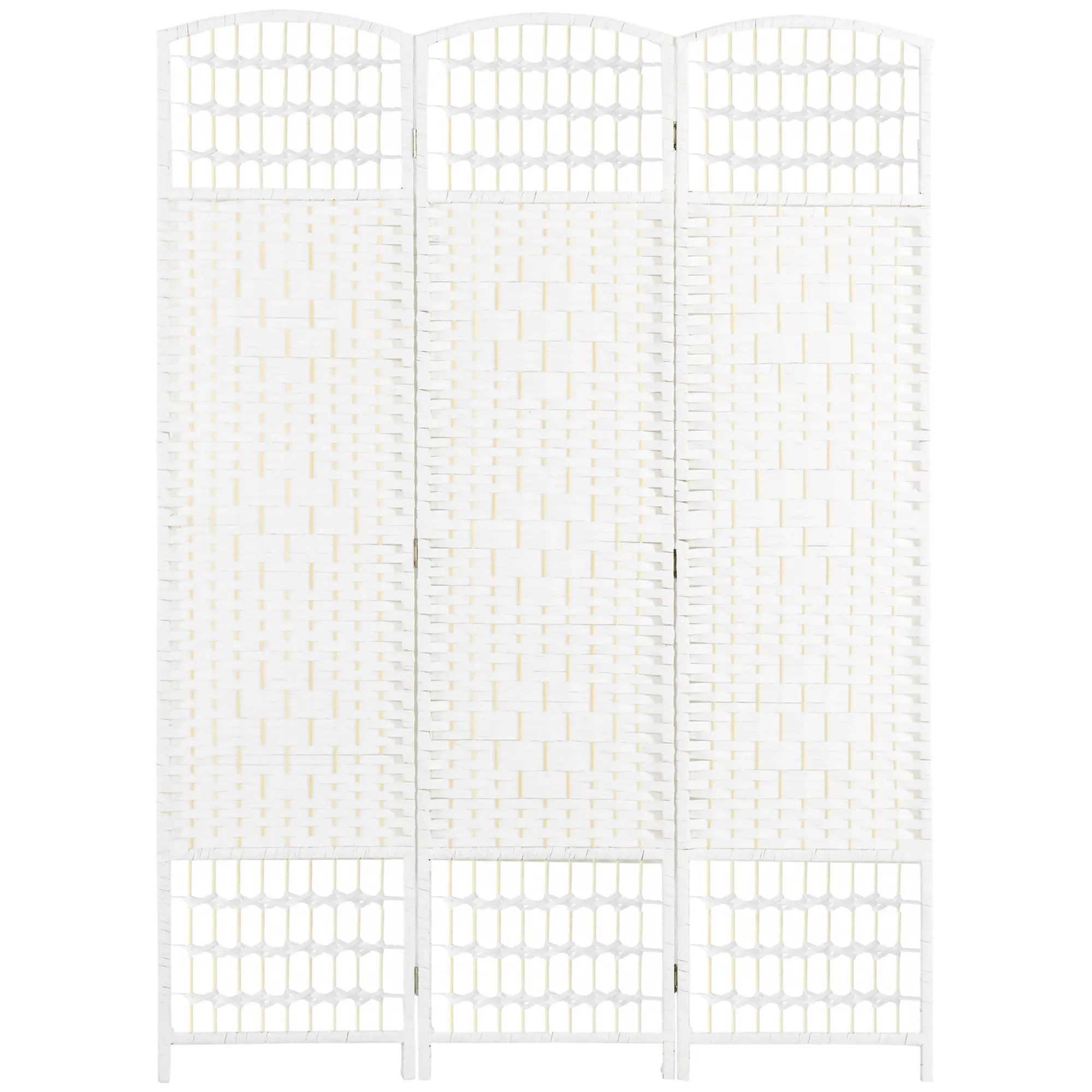 3 Panel Folding Room Divider – White. Wave Fiber + Hand-Woven Paper Rope & Bamboo. Solid Wood Frame + Arched Top. 47.25" L x 0.5" D x 67" H. No Assembly