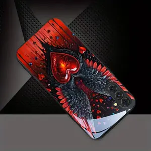 A New Black Phone Case Featuring a Red Heart And Blood Wing Design, Made of Tempered Glass, Compatible with Samsung Galaxy S26 S25 S24 S23 S22Pro S21 S20 Fe Plus Ultra Pro A56 A55 A54 A53 A52 A51 A36 A35 A34 A32 A26 A25 A24 A23 A16 A15 A14 A06 A05 A03s