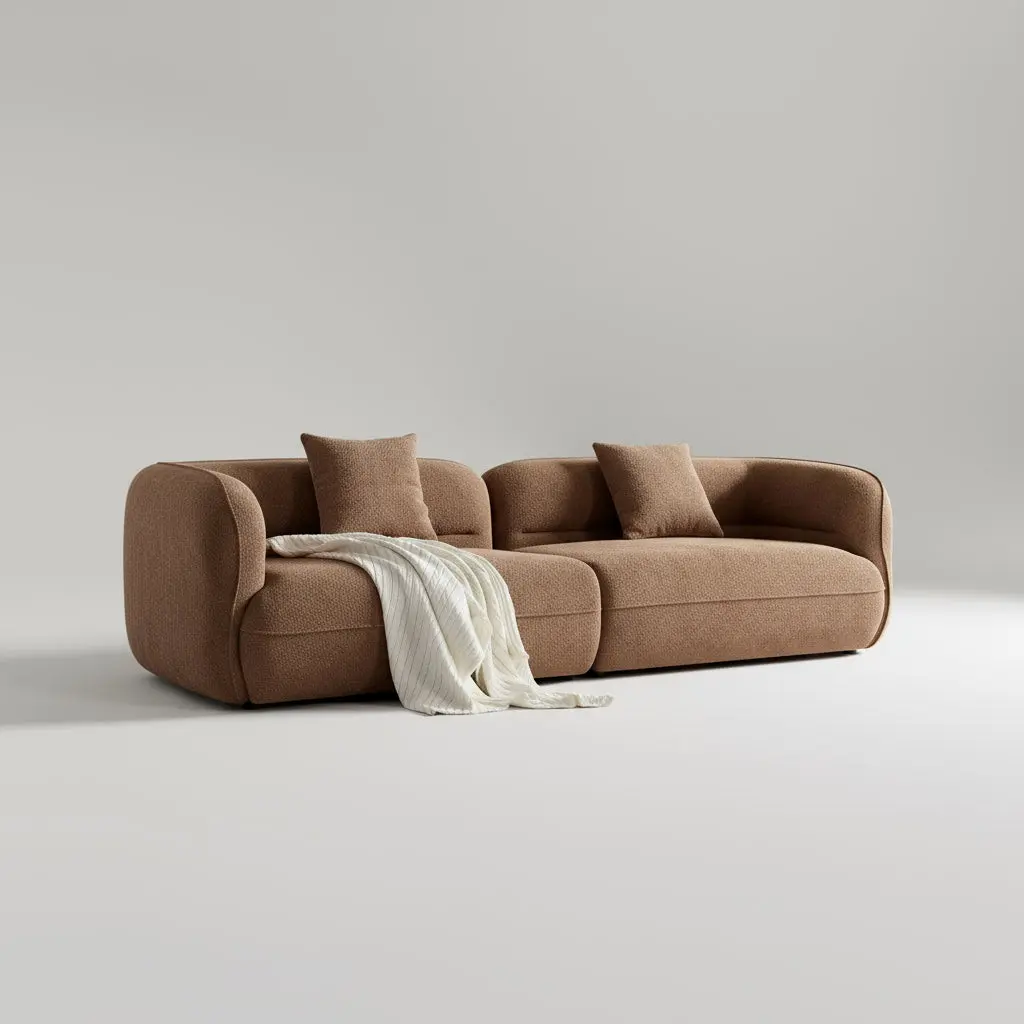 THE TOAST SECTIONAL SOFA Camel Color Two-Part Durable Fabric Solid Wood Frame High Density Sponge Filling 2 Throw Pillows Comfortable Living Room Sofa