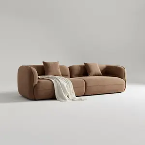THE TOAST SECTIONAL SOFA Camel Color Two-Part Durable Fabric Solid Wood Frame High Density Sponge Filling 2 Throw Pillows Comfortable Living Room Sofa