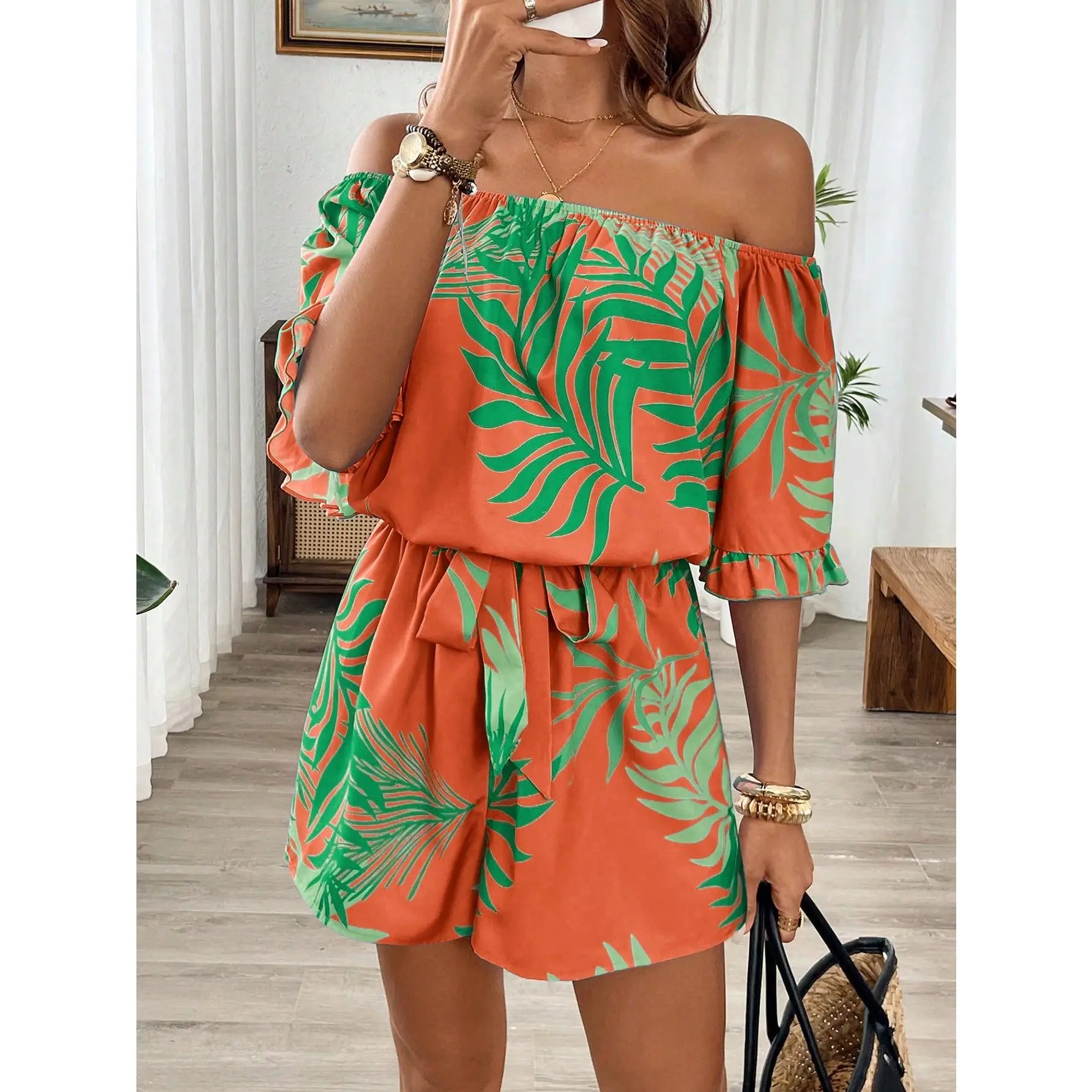 Breezaya Women's Open Shoulder Tropical Print Ruffled One-Piece Romper For Casual/Holiday