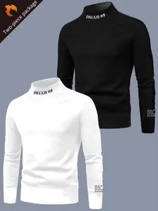 Men's Letter Print High Neck Long Sleeve T-Shirt, Casual Fitted Stretchy Warm Inner Wear, Spring & Fall Daily
