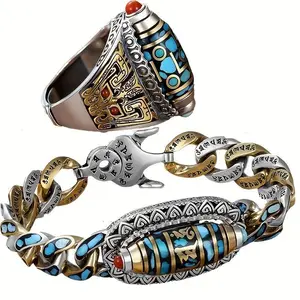 2pcs of six-character mantra nine-eye dzi bracelet + ring, fortune-bringing bracelet, fortune-bringing bracelet for men, gift