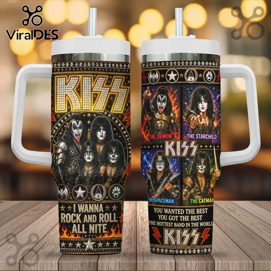 KISS Rock and Roll All Nite 40oz Tumbler with Handle & Straw, The Demon Starchild Spaceman Catman Insulated Cup, Classic Rock Travel Mug, Hottest Band Fan Gift