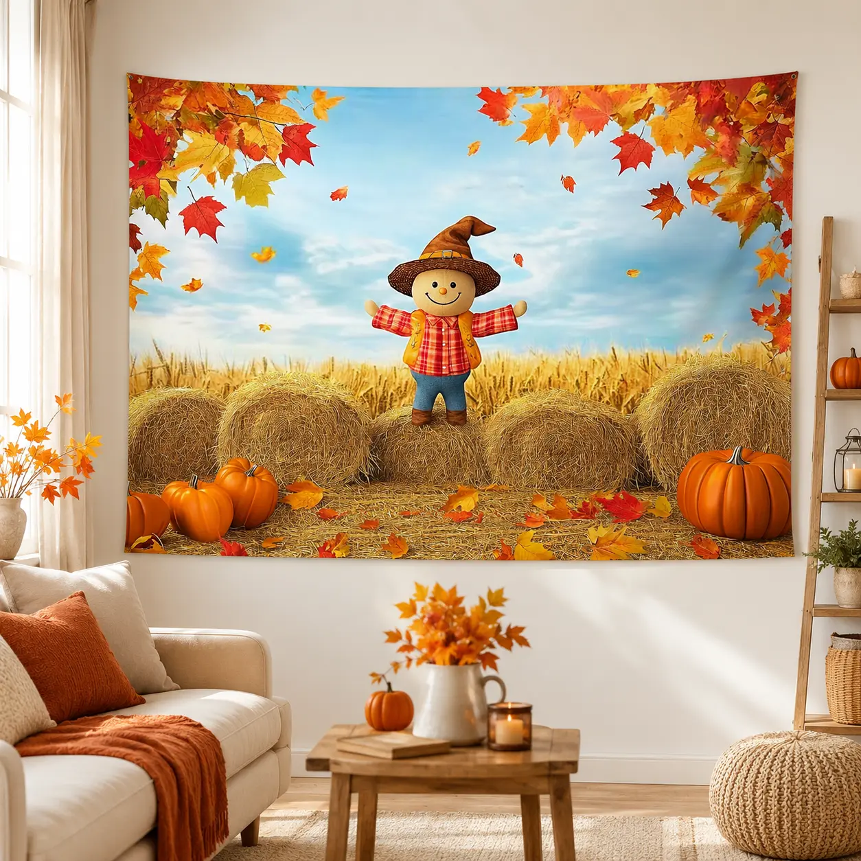 Autumn Harvest Scarecrow Tapestry Wall Hanging, Fall Pumpkin Sunflower Farm Backdrop for Living Room Bedroom Seasonal Home Decor