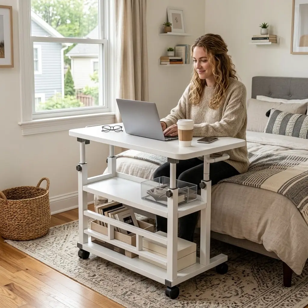 Rustic Portable Rolling Adjustable Height Standing Desk with Wheels & Storage Shelves - Home Office Workstation, Home Study Table, Laptop PC Desk for Small Spaces, Drafting Table
