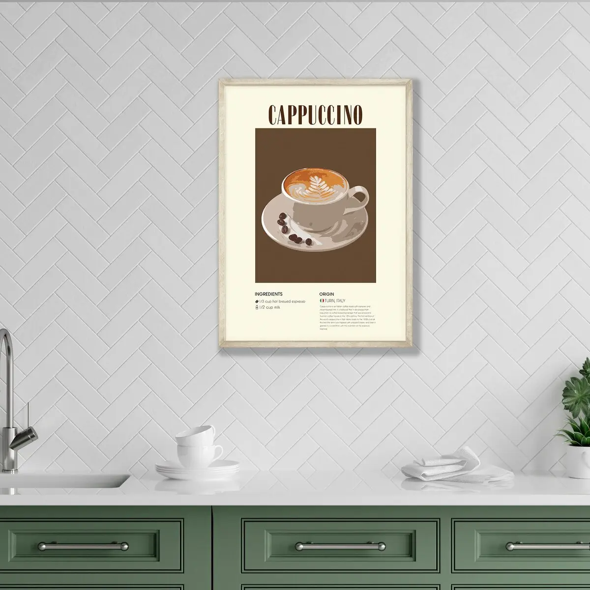 Printable Cappuccino Wall Art – Coffee Poster for Kitchen or Cafe, Modern Coffee Bar Decor, Vintage-Style Cappuccino Print, Unframe