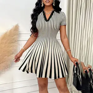 Women's Polo Dress Elegant Striped V Neck Short Sleeve A Line Dresses