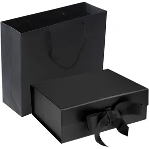 Black Luxury   Box with Lid, Ribbons and  Bag, Medium Size-9.4x7x3 Inches,  for Christmas,  Year, Wedding, Birthdays, Man