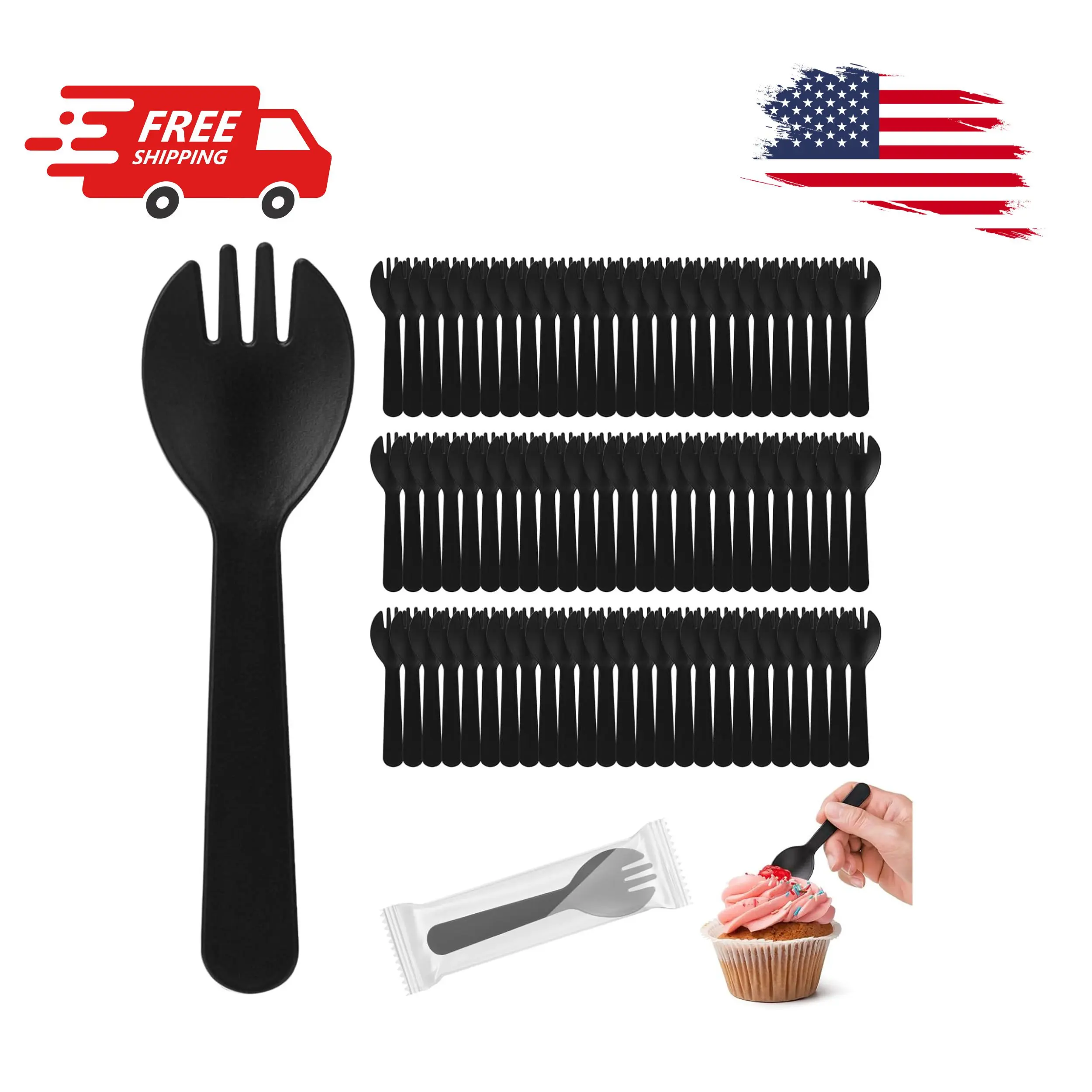 100Pcs Mini Plastic Spork, 4.2 Inch Individually Wrapped Disposable Cutlery
