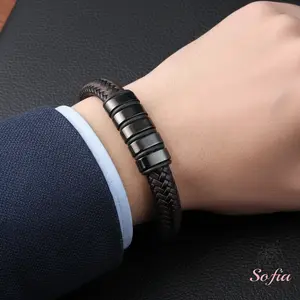Men's Protection Leather Braided Bracelet Titanium Steel Bangle Leather Braided Wristband Magnetic Clasp for Daily Use Gift to him Modern Fashion Accessories Trendy Jewelry