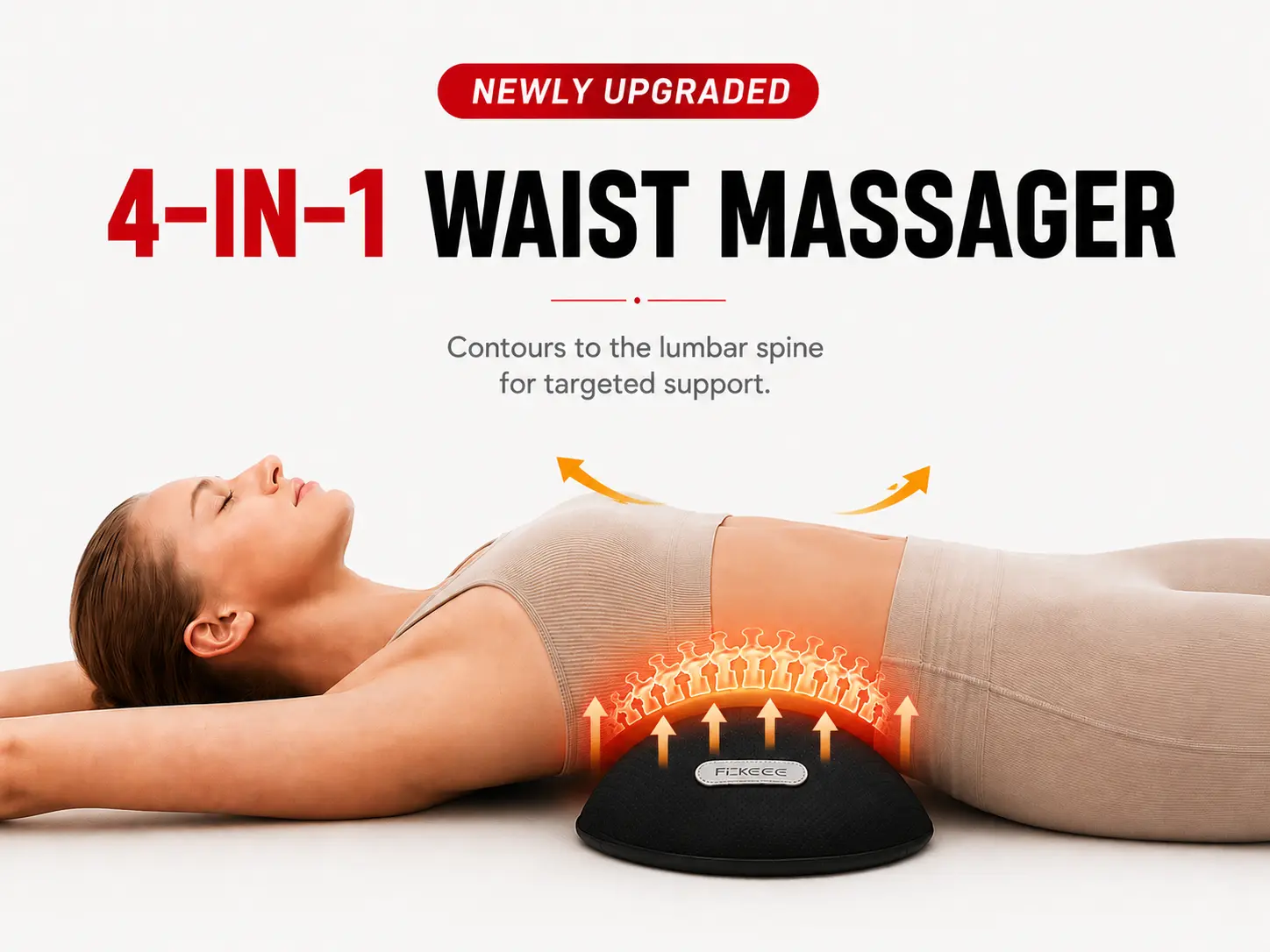 FLIKEZE Portable Lumbar Massage Pillow - 5000mAh Rechargeable, Red Light Therapy, Heat Therapy, Airbag Traction, Vibration - for Lower Back Pain Relief