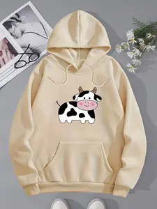 Women's Cartoon Cow Print Drawstring Pocket Hoodie, Casual Long Sleeve Hooded Sweatshirt for Fall & Winter, Women's Clothes for Daily Wear