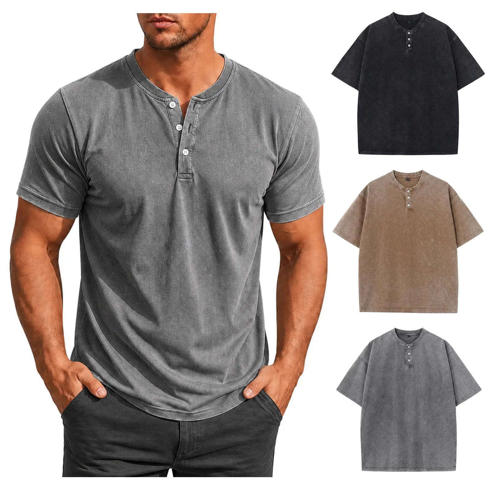 Gihuo Men's 3-Pack Casual Short-Sleeve Henley Shirts - Cotton Acid Wash Vintage Loose Menswear Streetwear Summer Apparel Tees