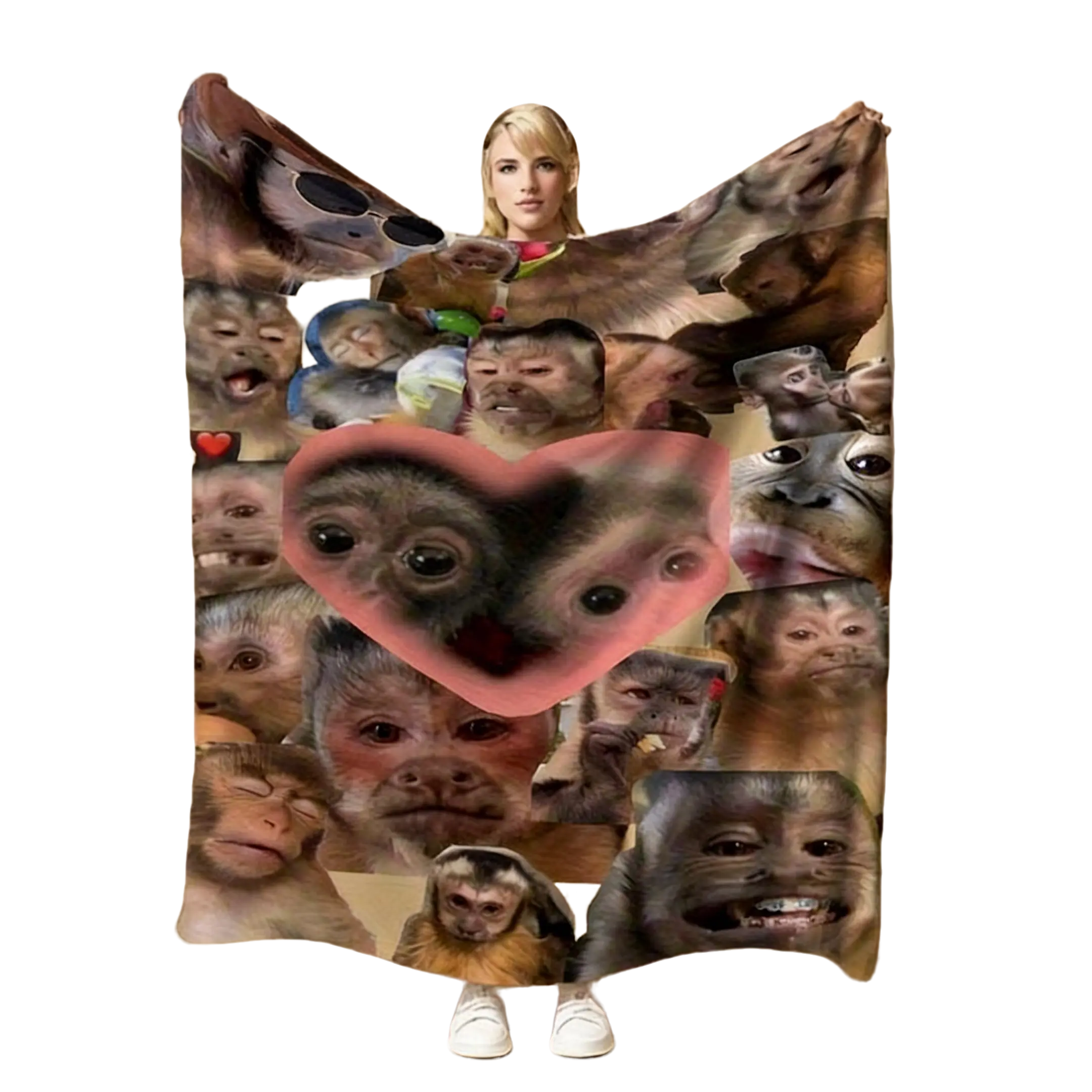 Monkey Heart Expressions Flannel Blanket - Premium Flannel Material Soft Plush Throw with Love Happiness Monkey Faces for Couch Bed Office Living Room Travel Camping Mother's Day Valentine's Day Birthday Christmas Gift