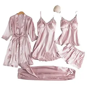 Women's Summer Ice Silk Sexy Homewear Spring and Autumn Long Sleeve Thin Plus Size Five-Piece Set Bathrobe Seductive Ice Silk Five-Piece Pajama Suit Satin Loungewear Nightwear Womenswear