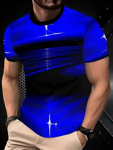 Men's Fashion Streetwear Blue Graphic T-Shirt, Cool Pattern Design, Trendy Short Sleeve Top, Comfortable Breathable, Casual Fitted Style, Menswear