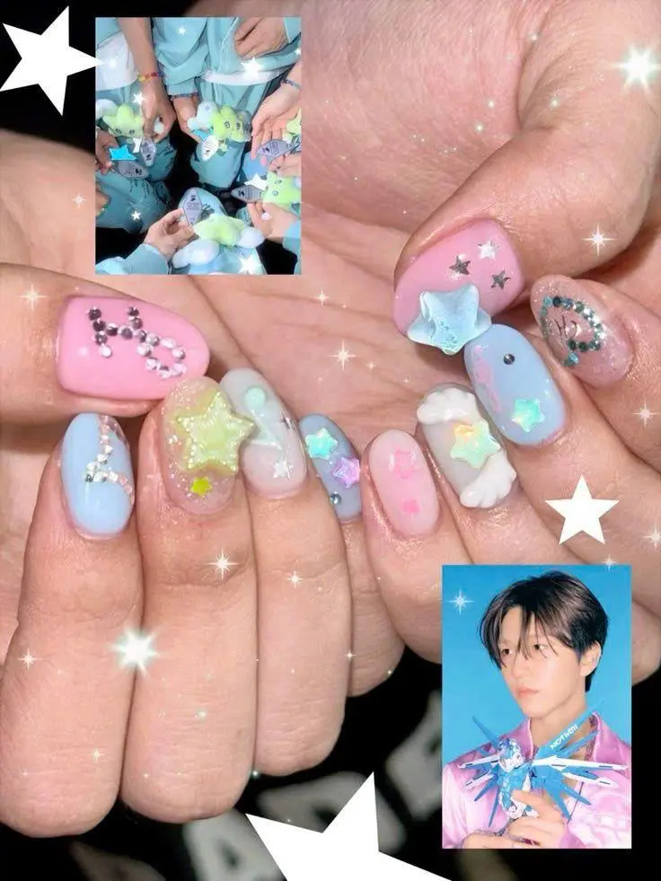 NCT WISH Inspired Press On Nails Handmade Pastel Kawaii Y2K Angel Star 3D Rhinestone Kpop Gel Nail Set with Nail Kit | Free Adhesive Tabs Nail File & Cuticle Stick
