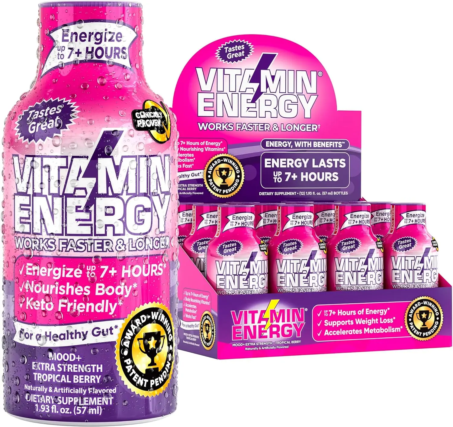 Vitamin Energy Tropical Berry Shots | Sugar-Free, Keto/Vegan Friendly | Natural Ingredients with Rhodiola and Chamomile | Energize up to 7 Hours | 1.93 fl oz - Pack of 12