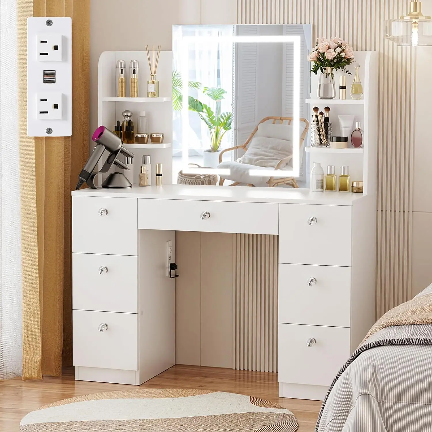 VOWNER Vanity with Lighted Mirror - Makeup Vanity Desk with 7 Drawers, 6 Shelves and Power Outlet, 3 Color Lighting Modes Adjustable Brightness, 44" Vanity Table for Bedroom, White