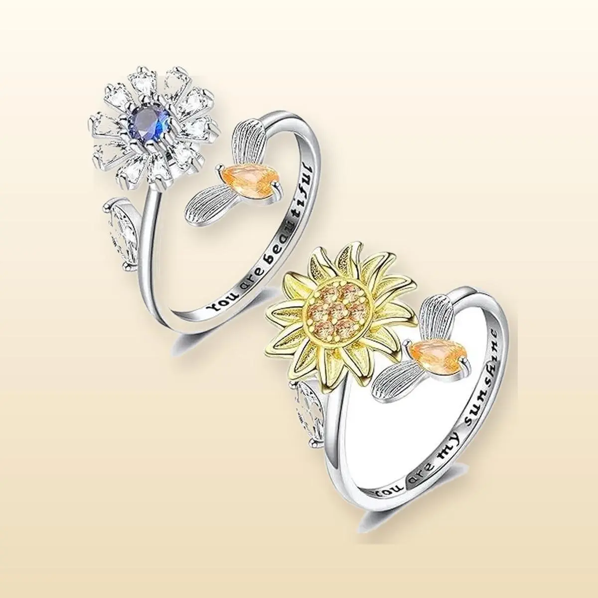 2-Piece Stackable Spinning Fidget Ring Set for Women, Sunflower and Floral Bee Open Rings, Adjustable Stress Relief Fashion Jewelry