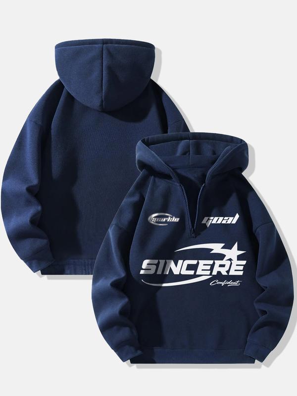 Men's Letter Print Drop Shoulder Zip Up Hoodie, Fashion Casual Regular Fit Hooded Sweatshirt for Daily Holiday Outdoor Wear, Men Clothes for Fall & Winter