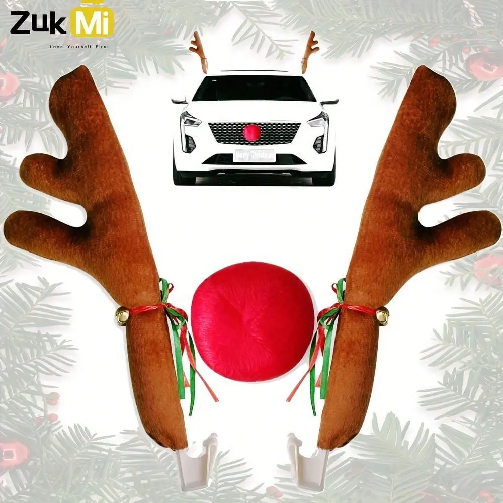 Zukmi Car Reindeer Antlers & Nose Set, Festive Christmas Window Roof Top & Grille Decoration, Perfect for Holiday Season