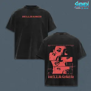 Retro Hellraiser Gothic Lyric Washed Apparel, Horror Movie Collage Eyes Graphic Top, Vintage Snow Wash Tee, Heavyweight Mineral Wash Streetwear Blank